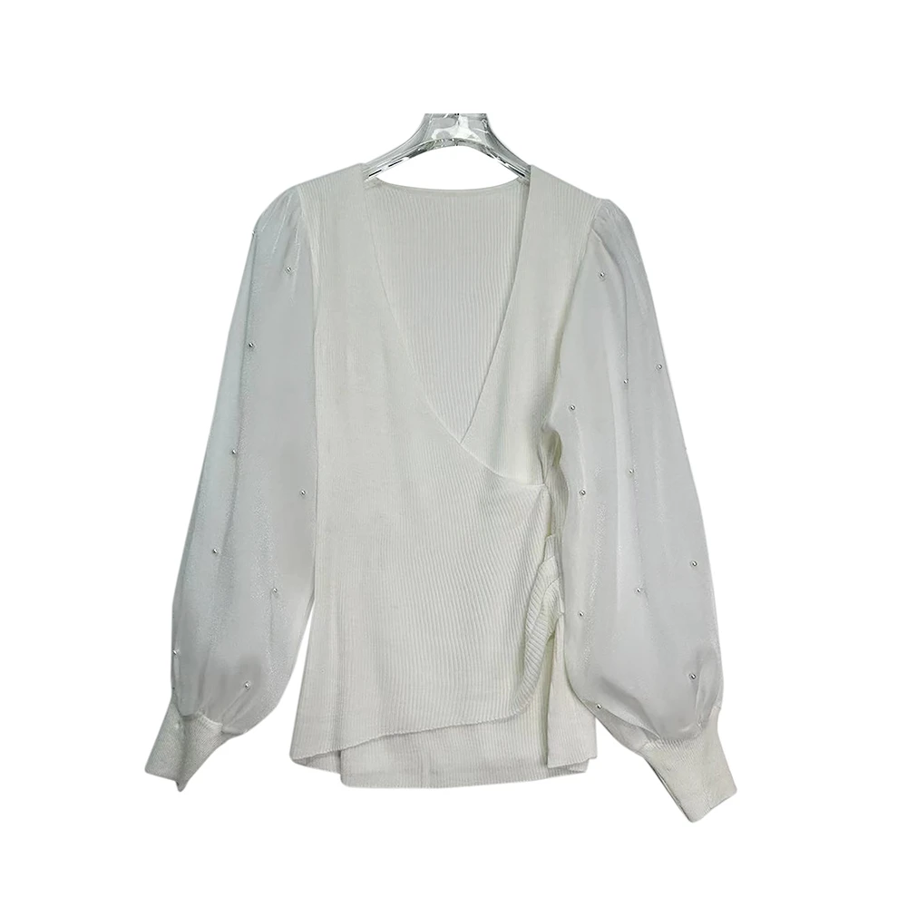 HY383【新款】时尚气质休闲百搭宽松V领网纱珍珠长袖白色针织上衣