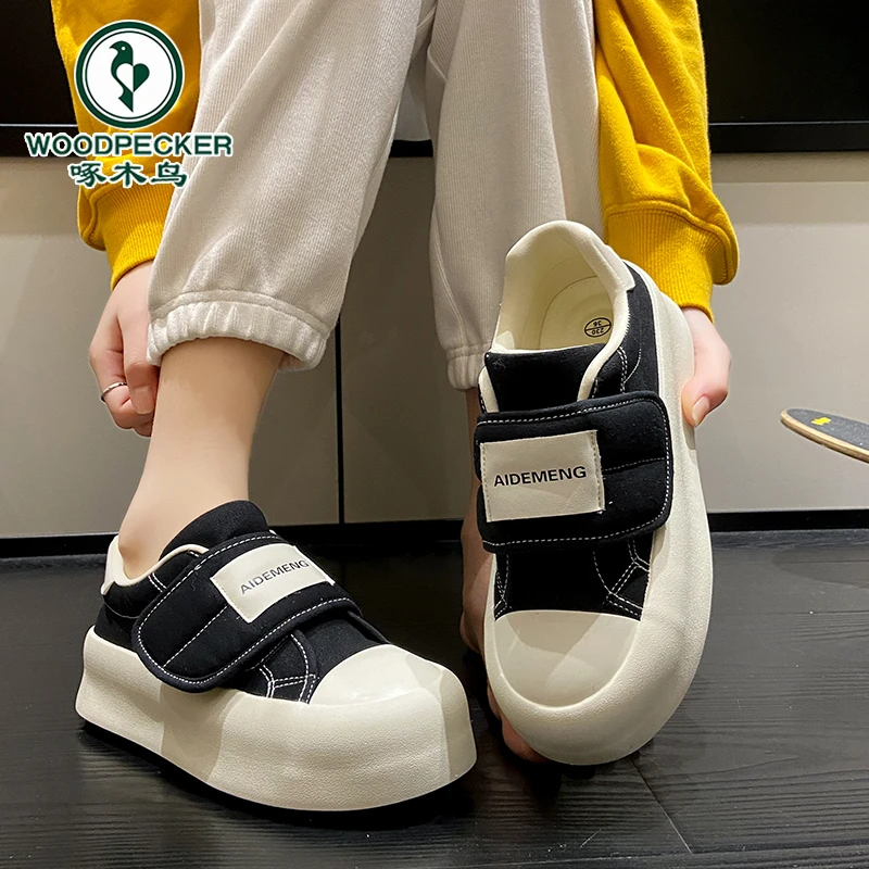 啄木鸟防滑孕妇运动鞋女2025新款春季魔术贴爆款厚底学生小白板鞋