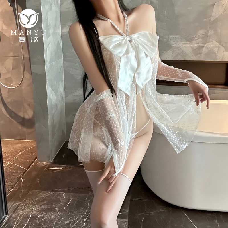 曼欲【法式挂脖带丁】性感蝴蝶结睡衣薄款夏季