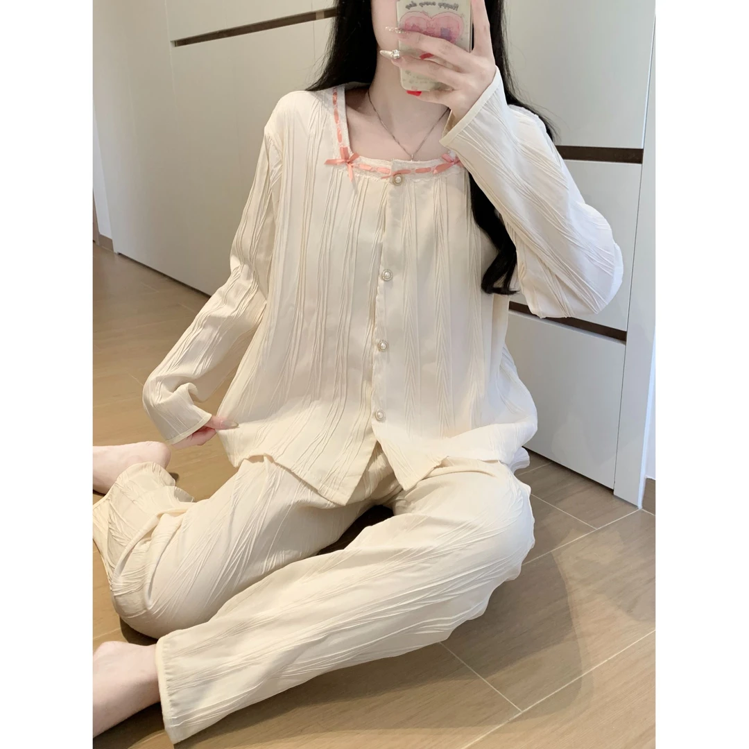 2025春秋季新款杏色蝴蝶结睡衣女士长袖带胸垫可外穿家居服套装