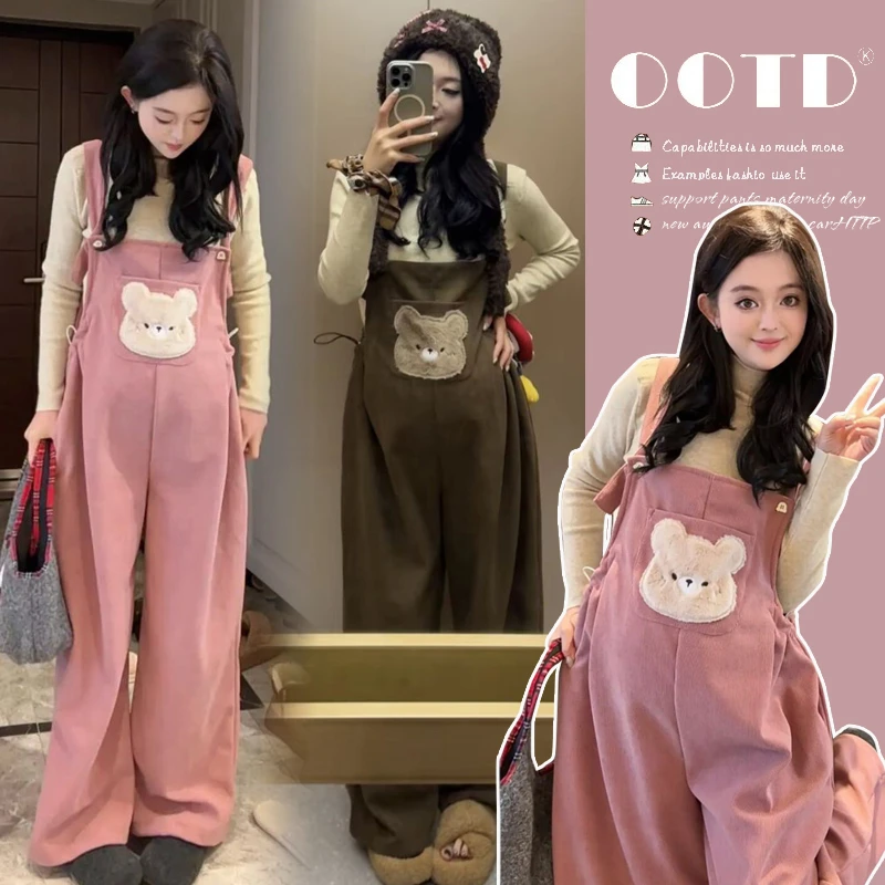 孕妇背带裤秋冬季加绒加厚孕妈减龄洋气卡通小熊孕妇装秋冬装套装
