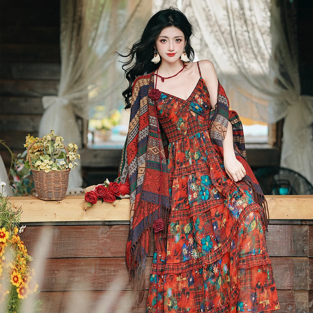 波西米亚韩系显白连衣裙宽松公主风高货性感甜辣美丽显瘦遮肚时髦