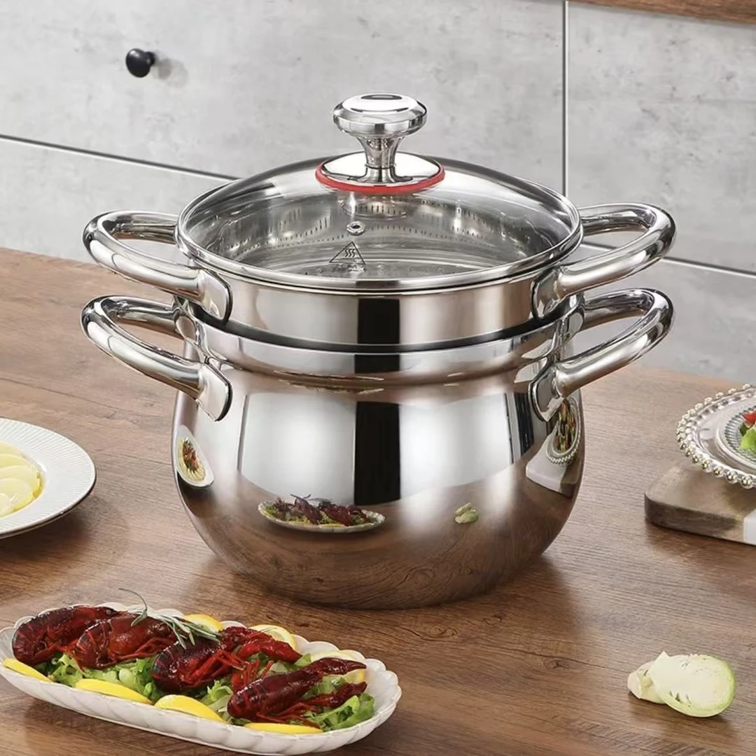 特厚三层钢304不锈钢蒸汤锅加厚大汤锅煲汤蒸煮一体锅