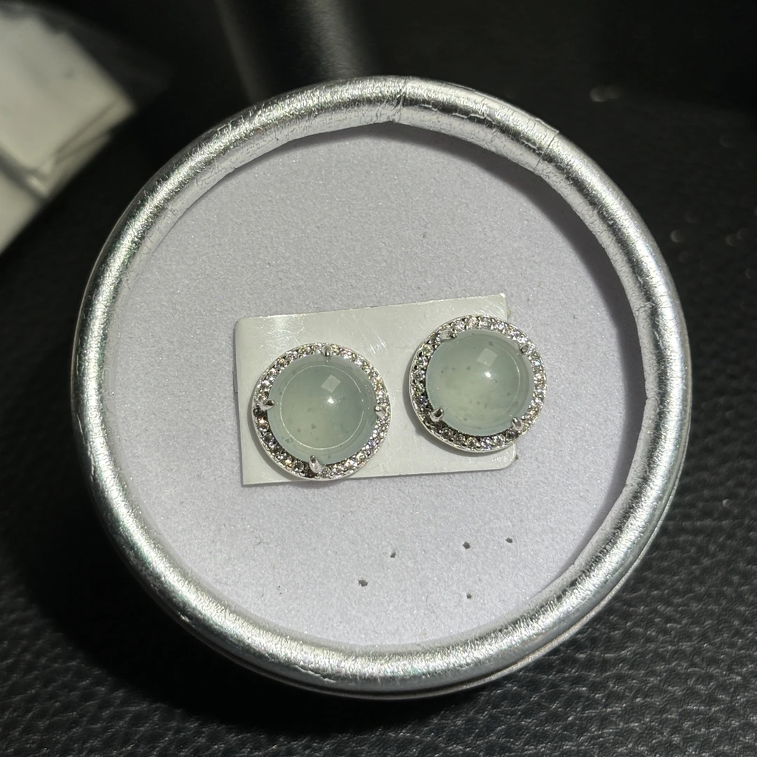 天然A货翡翠S925银镶嵌冰透款耳钉9.1mm尺寸