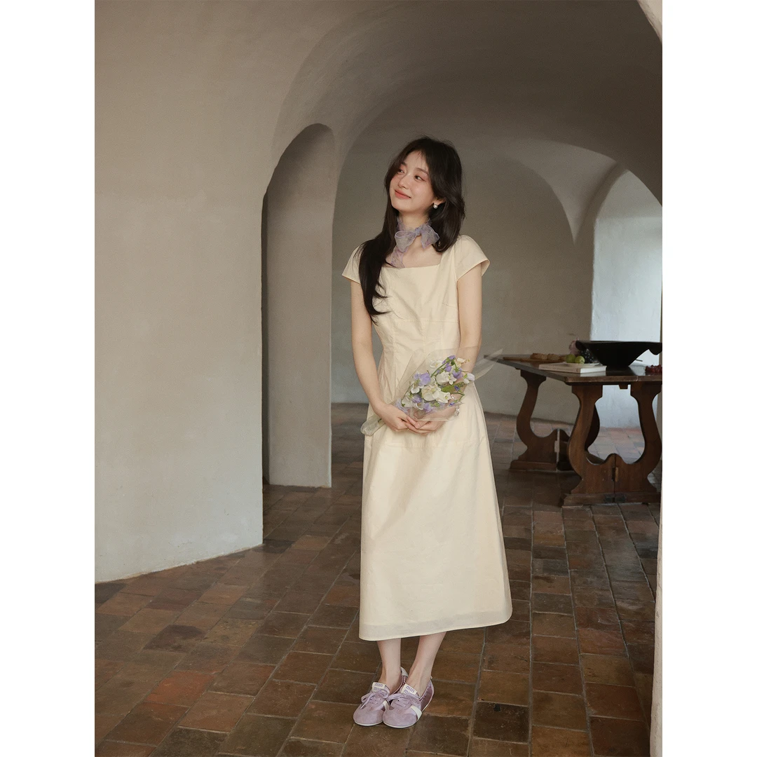 【甜橘之夏】法式通勤小方领连衣裙 穿出纸片人显瘦收腰a字~