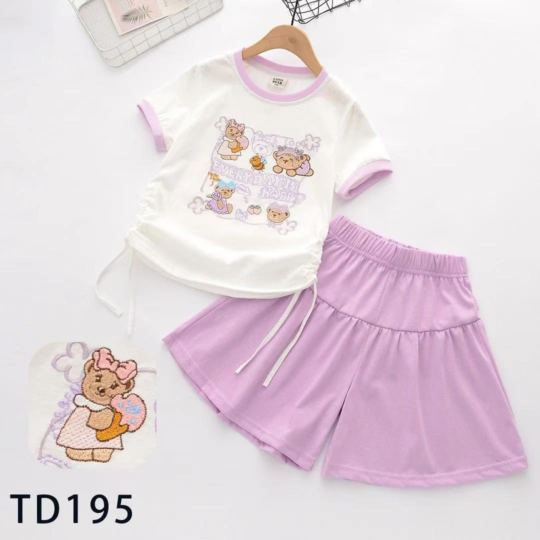 女童洋气翻领灰绿拼色小熊刺绣短袖短裤套装195