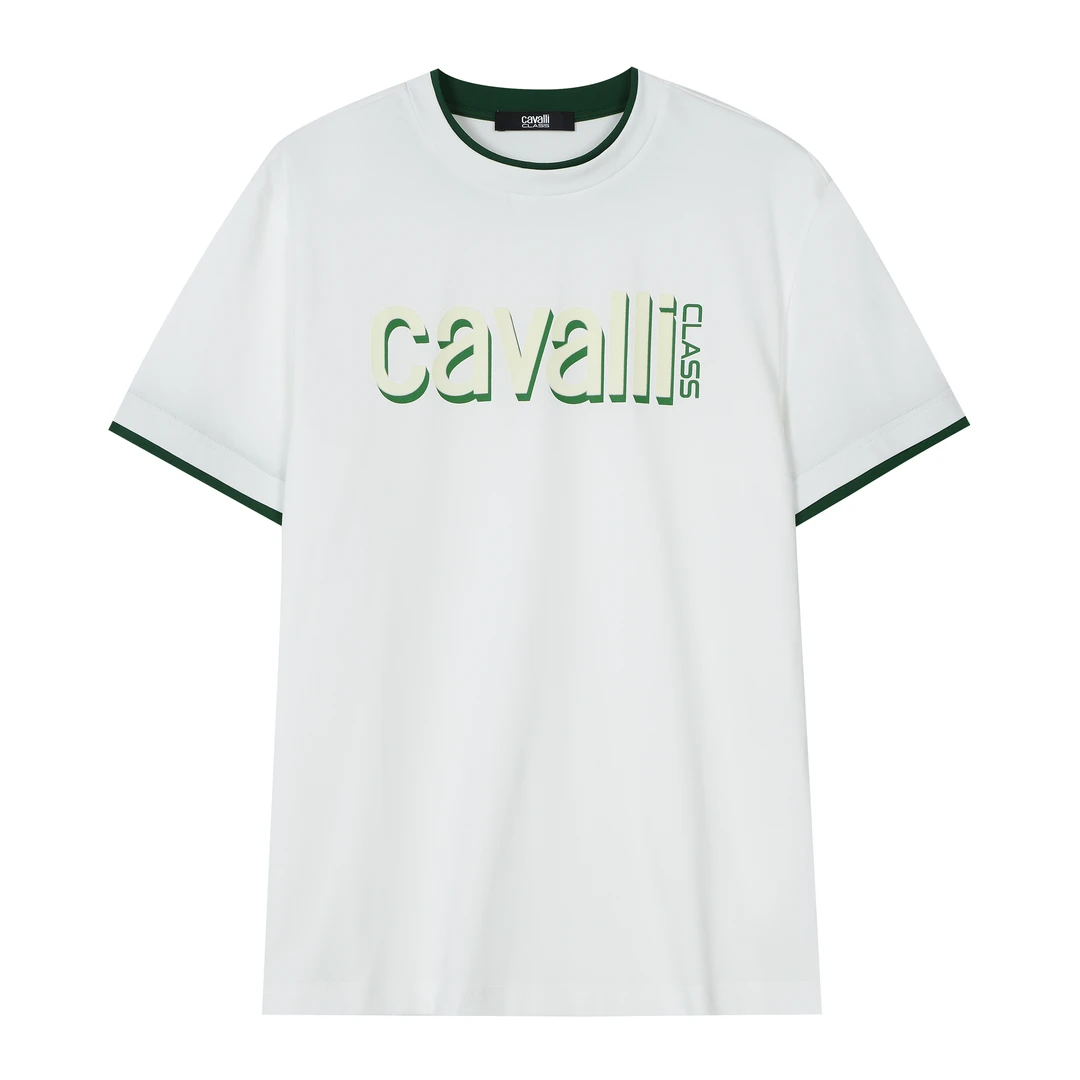 Cavalli Class卡沃利男条纹双层logo英文植绒印花黑白棕色短袖T恤