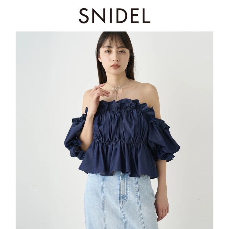 SNIDEL甜美一字领露肩荷叶边褶皱衬衫上衣SWFB244263