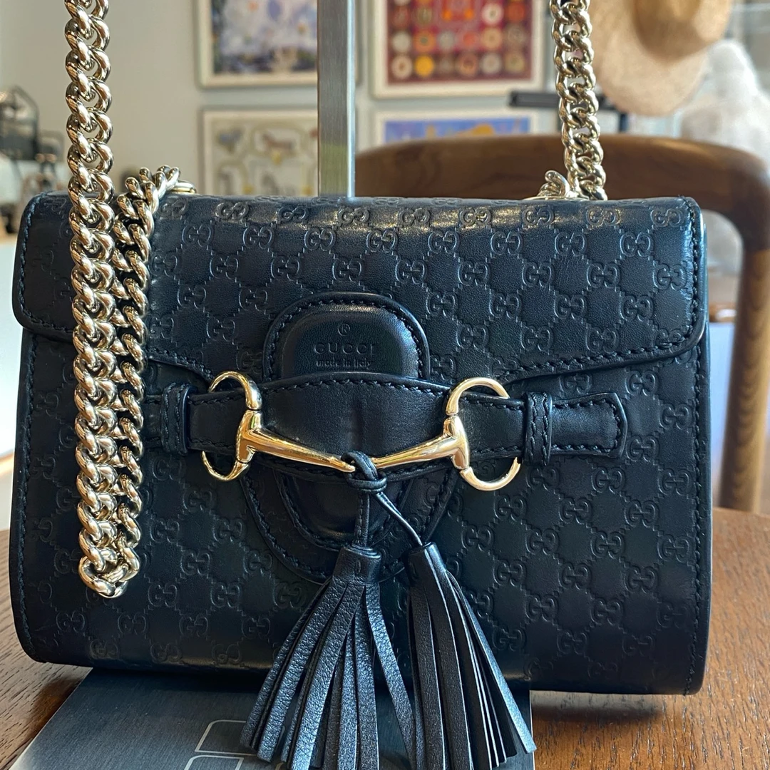 95新 GUCCI/古驰 gucci黑色logo压纹链条包