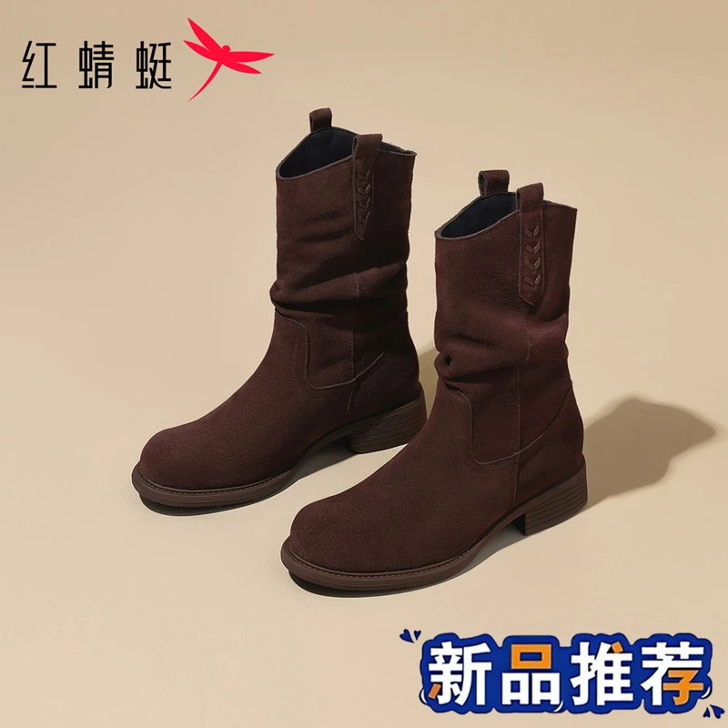 红蜻蜓2025新款休闲百搭女厚底加绒冬季复古英伦风圆头系带时装靴