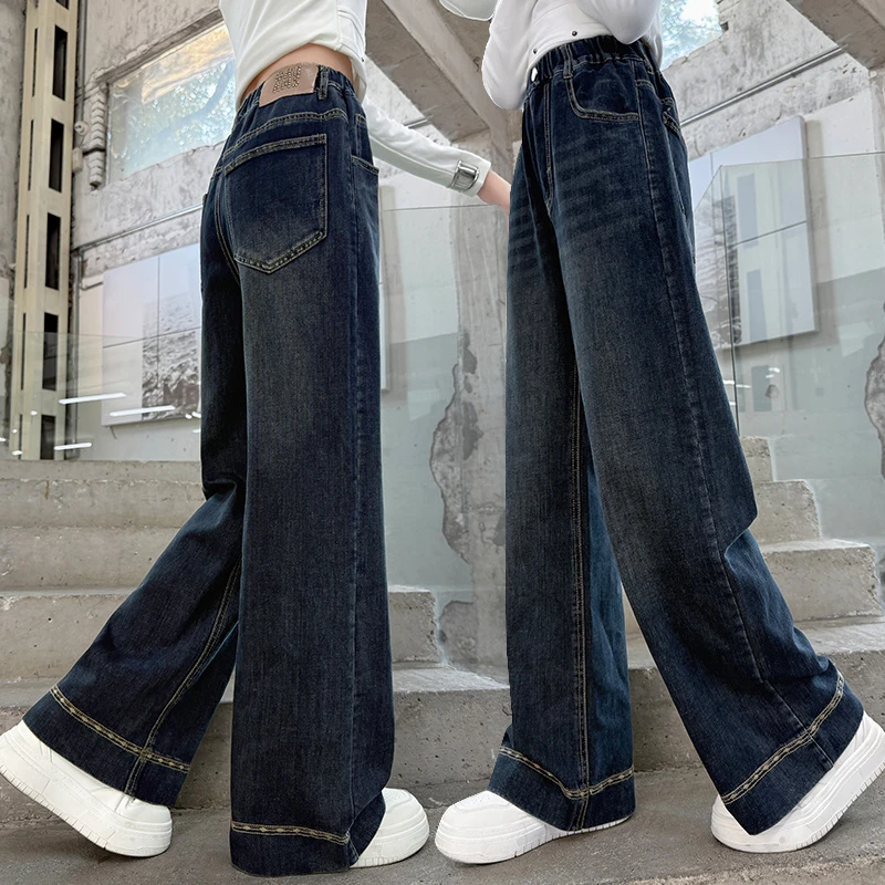 女童加绒裤子秋冬新款女大童超好看阔腿裤女孩初中生一体绒牛仔裤