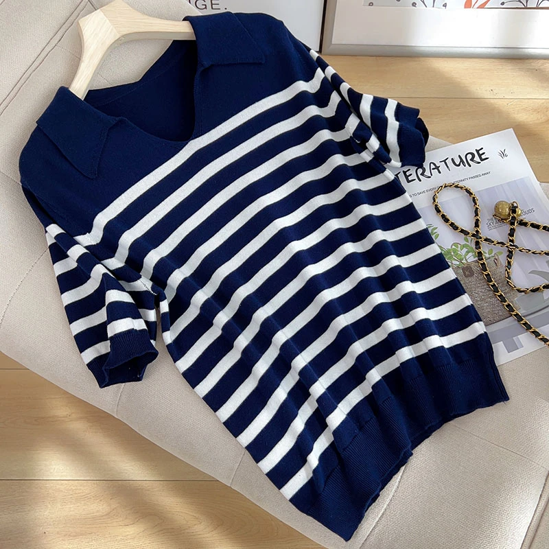 100%纯棉法式V领条纹短袖