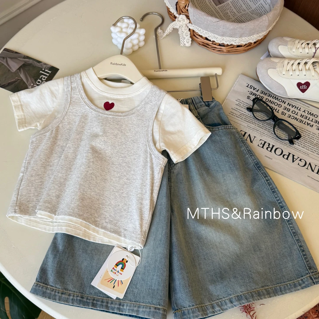 【彩虹家】2025夏装新款洋气时髦爱心上衣亮片裙三件套-88152