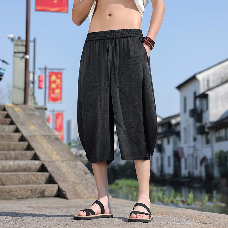 大码男装新中式冰丝短裤男夏季薄款冰感灯笼七分裤宽松阔腿萝卜裤
