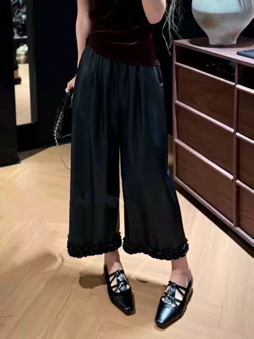 【秋季新款】MT'花边九分皮裤' 松紧腰显瘦花边宽松阔腿九分皮裤女