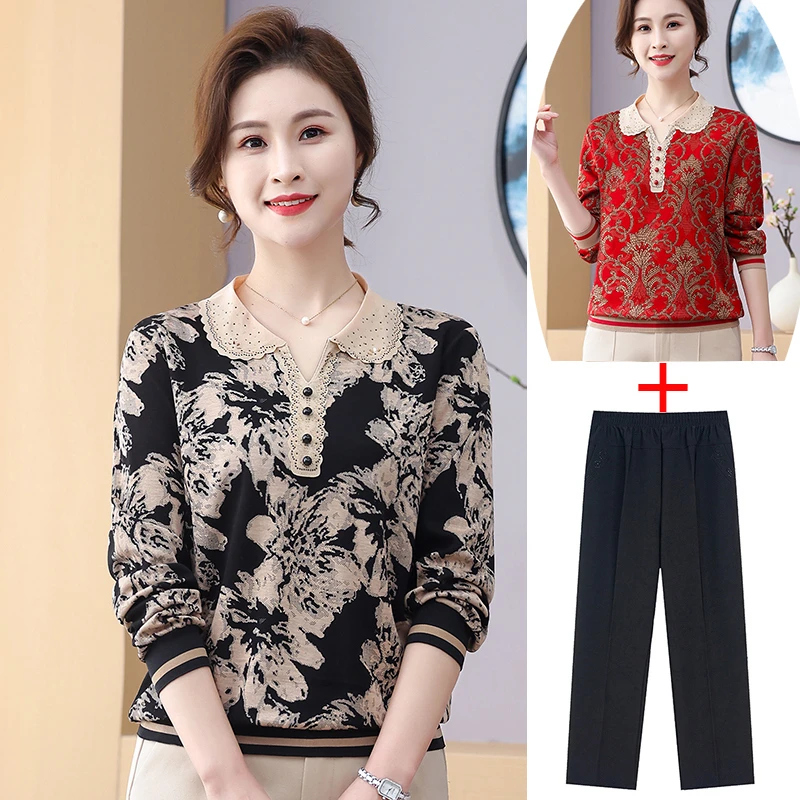 中老年女装上衣妈妈装长袖T恤洋气时尚小衫春秋新款宽松打底衫
