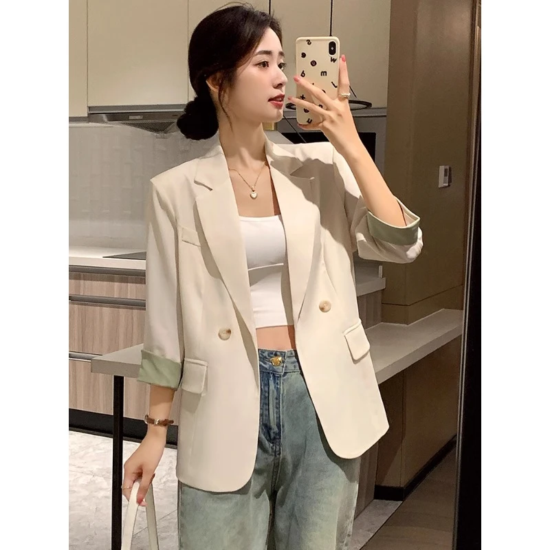 0595高级感西装外套女七分袖白色休闲小个子气质夏季薄款西服上衣