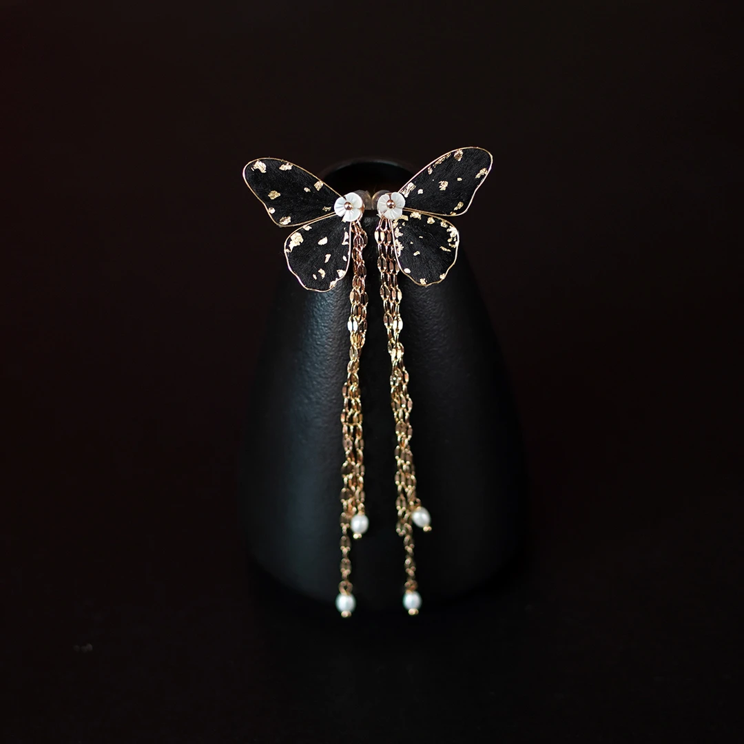 非遗绒花丨 黑金蝴蝶 纯手工国风新中式掐丝绒花桑蚕丝线耳钉