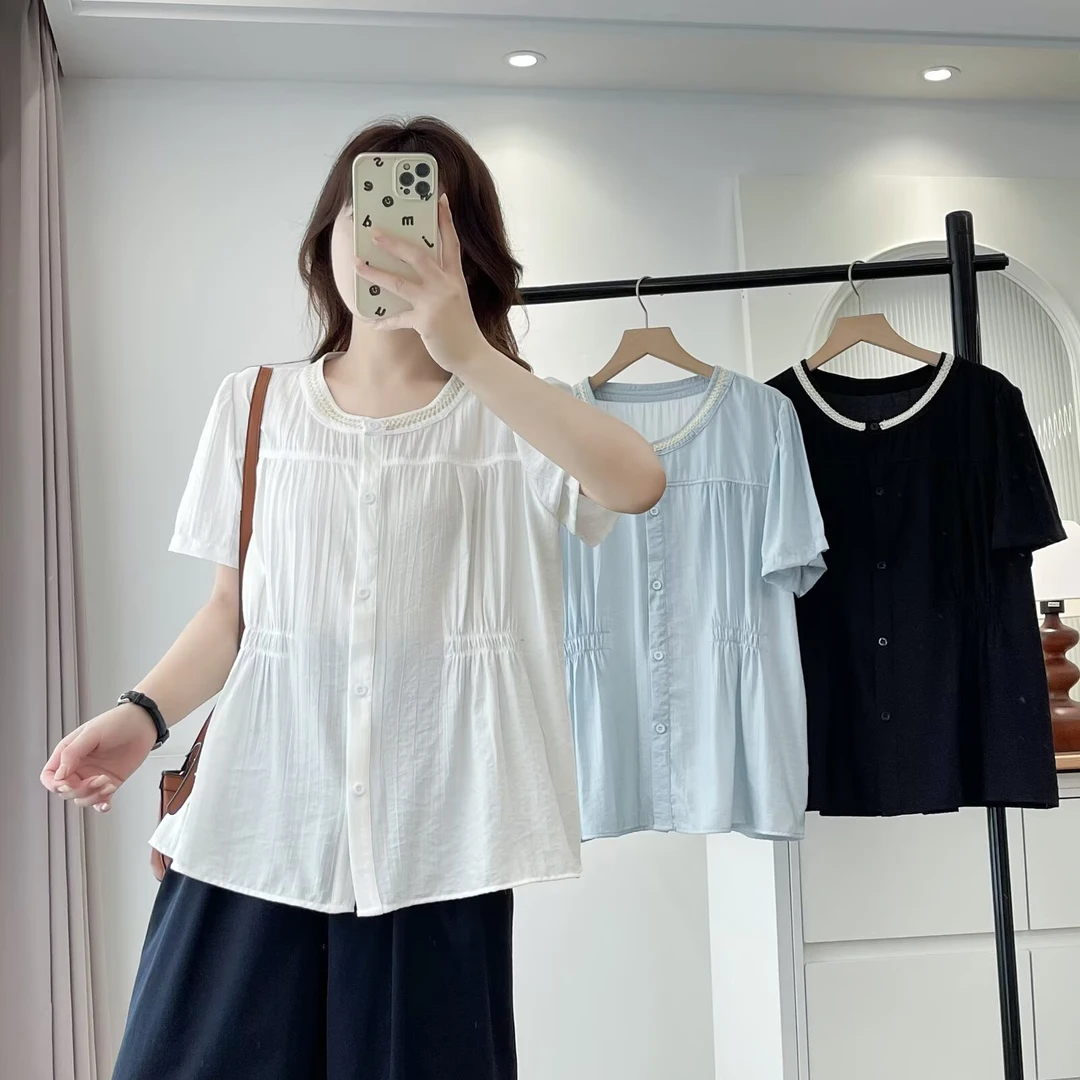 大码女装夏季宽松显瘦百搭圆领短袖衬衫时尚收腰设计感上衣女上衣