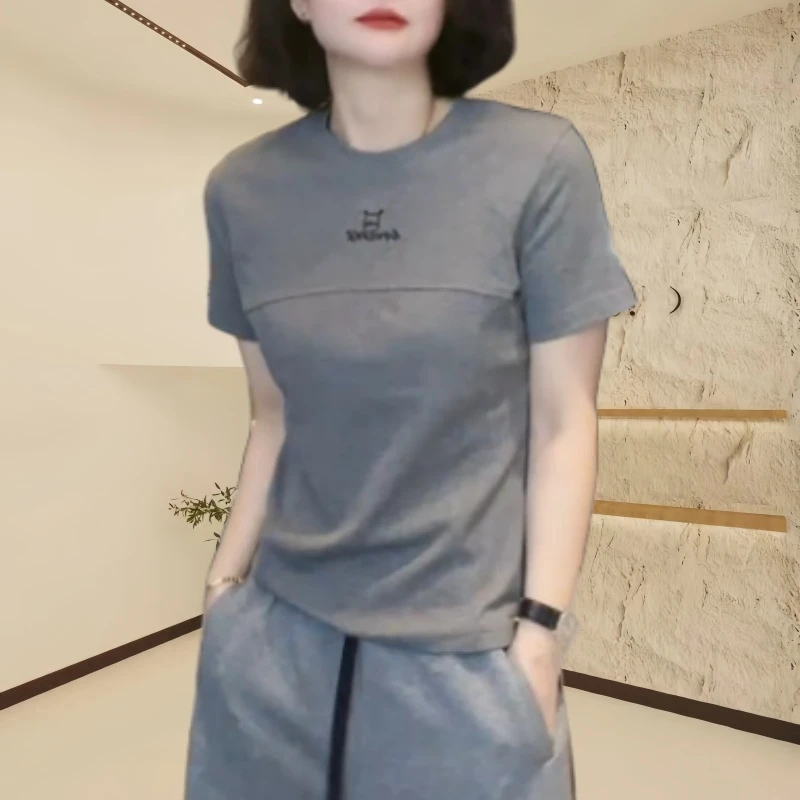 2025春夏圆领设计感时尚百搭短袖显瘦上衣女简约女士气质T恤衫