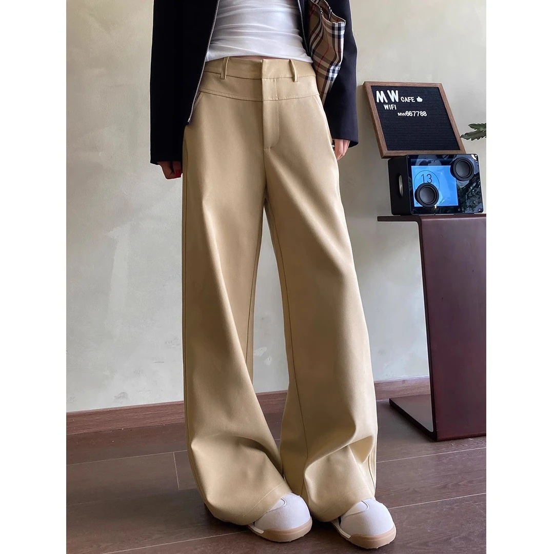 卡其色阔腿裤女2025春秋季新款高腰垂感窄版显瘦西装裤休闲直筒裤