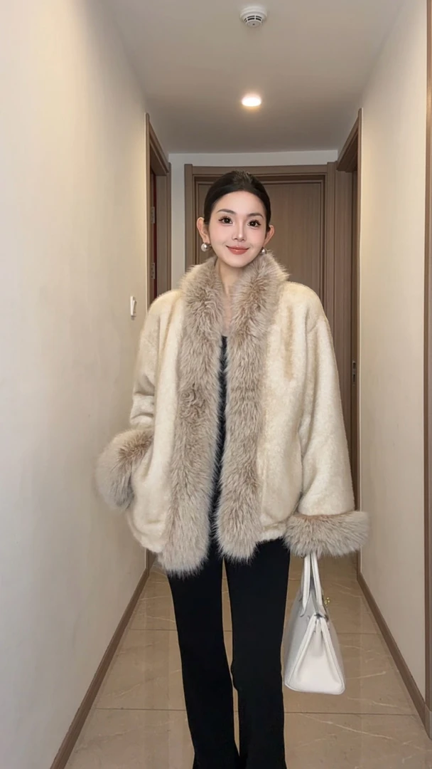 新款气质时尚复古高级拼接仿狐毛毛外套