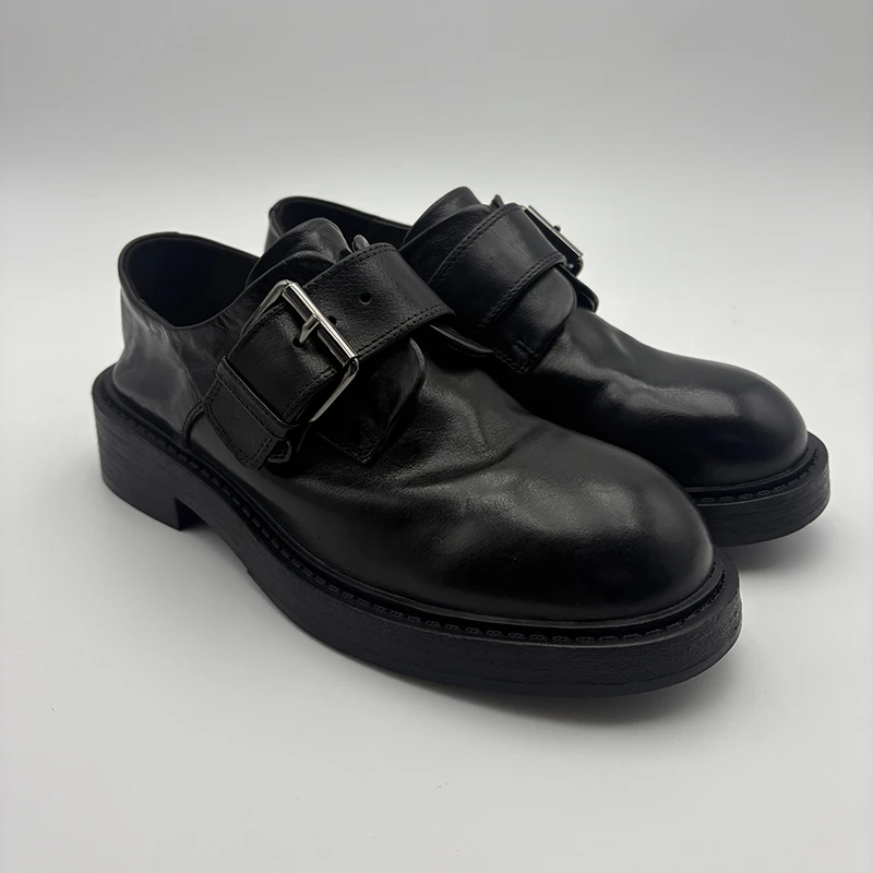 （水洗系列）跟高4cm一字扣水洗牛皮植鞣做旧皱感厚底德比乐福女鞋