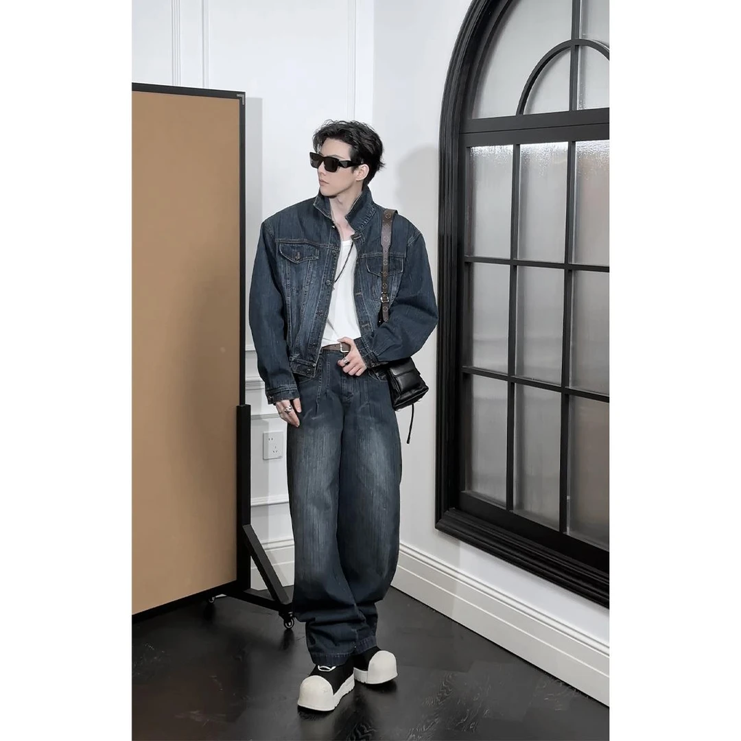 龙叨叨春季新款潮流复古美式牛仔百搭夹克外套男宽松弯刀长裤套装