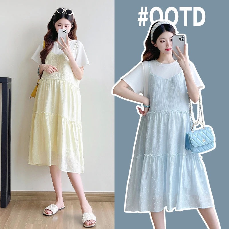 2025孕妇装夏季新款宽松显瘦假两件连衣裙时尚气质款休闲裙长裙