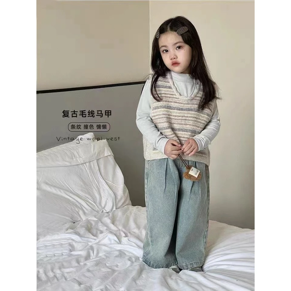 HHkids女童2024新款韩版女童复古儿童针织马甲牛仔裤三件套ETZ658