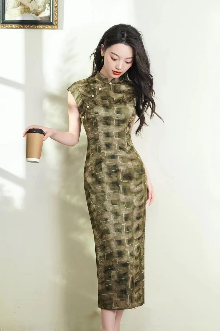 女色年华春夏新款黄绿色高级旗袍气质网红时尚夏季复古日常中国风