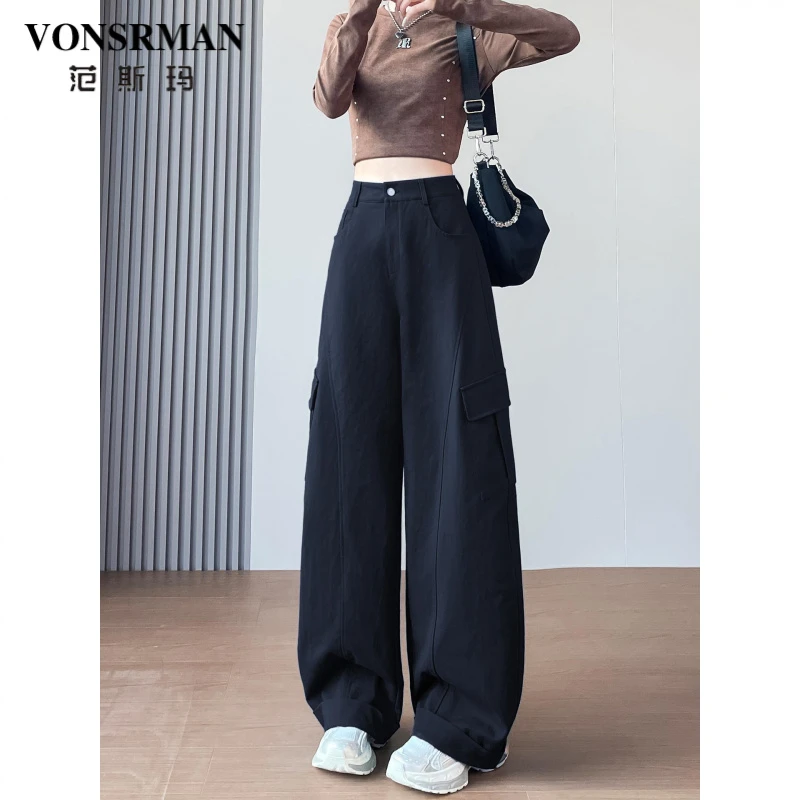 藏蓝色翻边阔腿工装裤女2025秋季新款大口袋垂感宽松拖地弯刀裤子