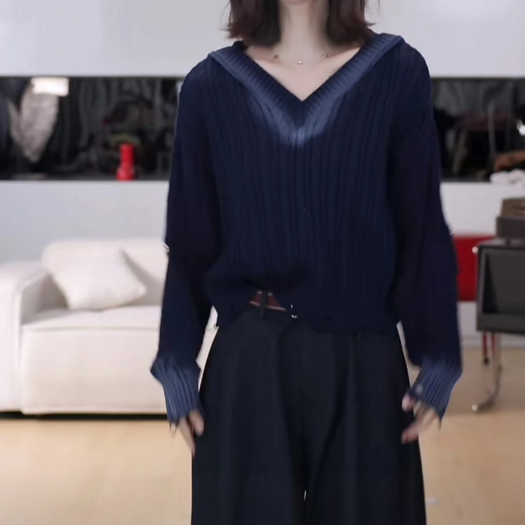 破烂针织撞色V领毛衣针织衫女2025秋季新款宽松慵懒风打底上衣