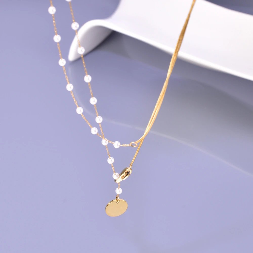 L141钛钢镀双层蛇骨珍珠项链女流苏圆盘锁骨链可混批