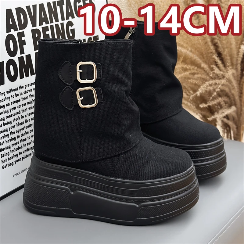 高帮鞋帆布12cm超高跟女款10cm百搭内增高短靴秋冬新款侧拉链14cm