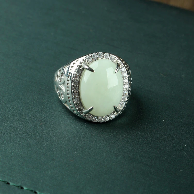 B30006天然和田碧玉蛋面镶嵌男女戒指简约复古活口 小清新女戒