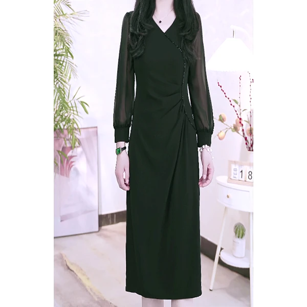 YN007#V领长款时尚压褶连显瘦衣裙气质收腰打底A字小黑裙