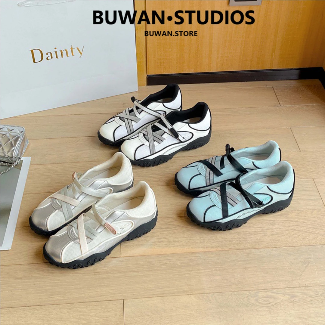 葡萄同款2025年休闲鞋女运动芭蕾风交叉带拼接百搭厚底德训夏跑步