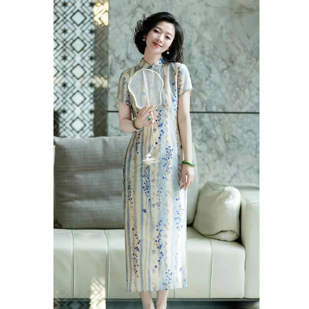西子【忆江南】新中式粤派改良紫藤花文艺复古旗袍/QPBH1587