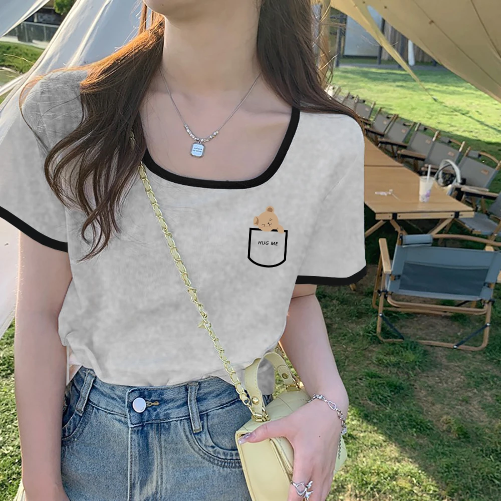 韩系简约ins潮流撞色大方领设计感正肩短袖t恤夏季新款白色上衣