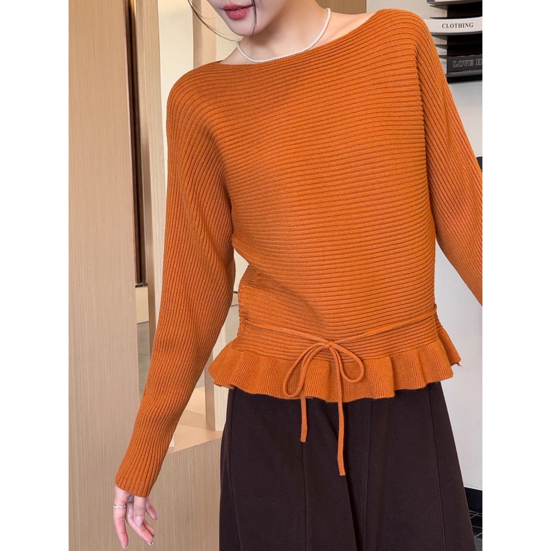 一字肩毛衣女款2025新款冬季长袖针织木耳边内搭打底衫上衣高级感