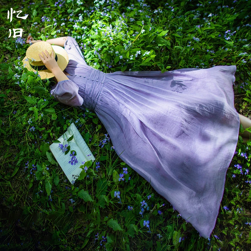 现货【云卷相思】紫色连衣裙女夏新款收腰显瘦V领中长裙苎麻大摆裙