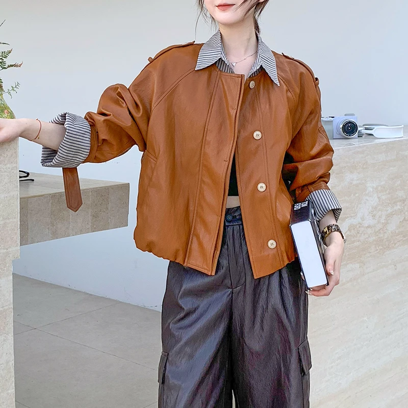 美式复古PU皮衣外套条纹拼接翻领皮夹克女5335-58B20