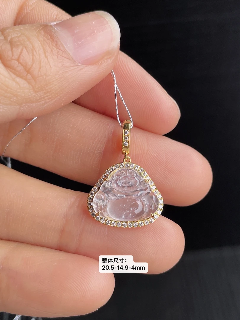 玻璃种起光起胶翡翠佛公提溜吊坠（黄）