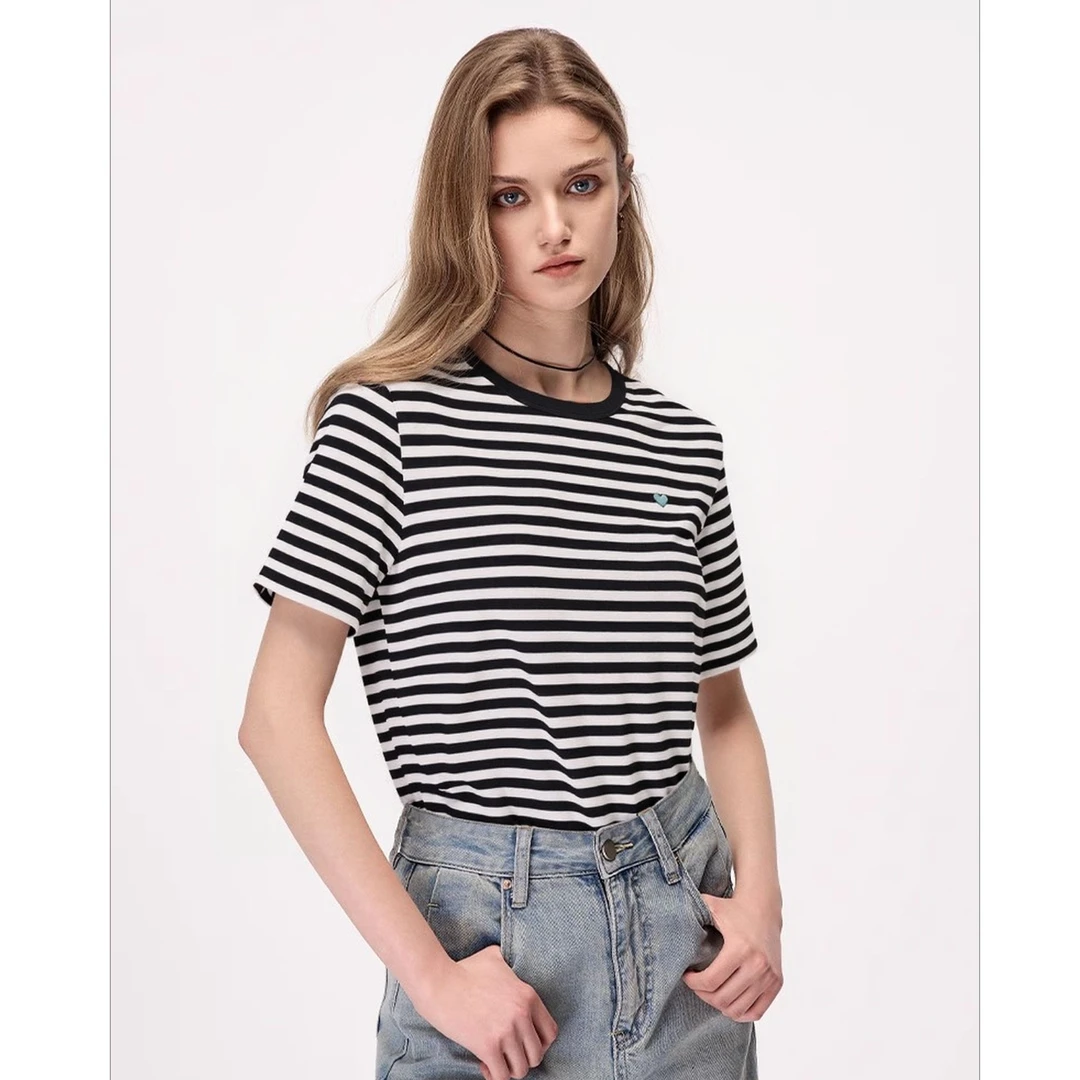 宝莎伦夏季短袖条纹T恤女2025新款简约撞色拼接慵懒松弛感上衣