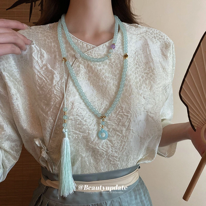 合金项链 古风禅意青蓝流苏新中式淡雅压襟侧身链爆款马面裙配饰