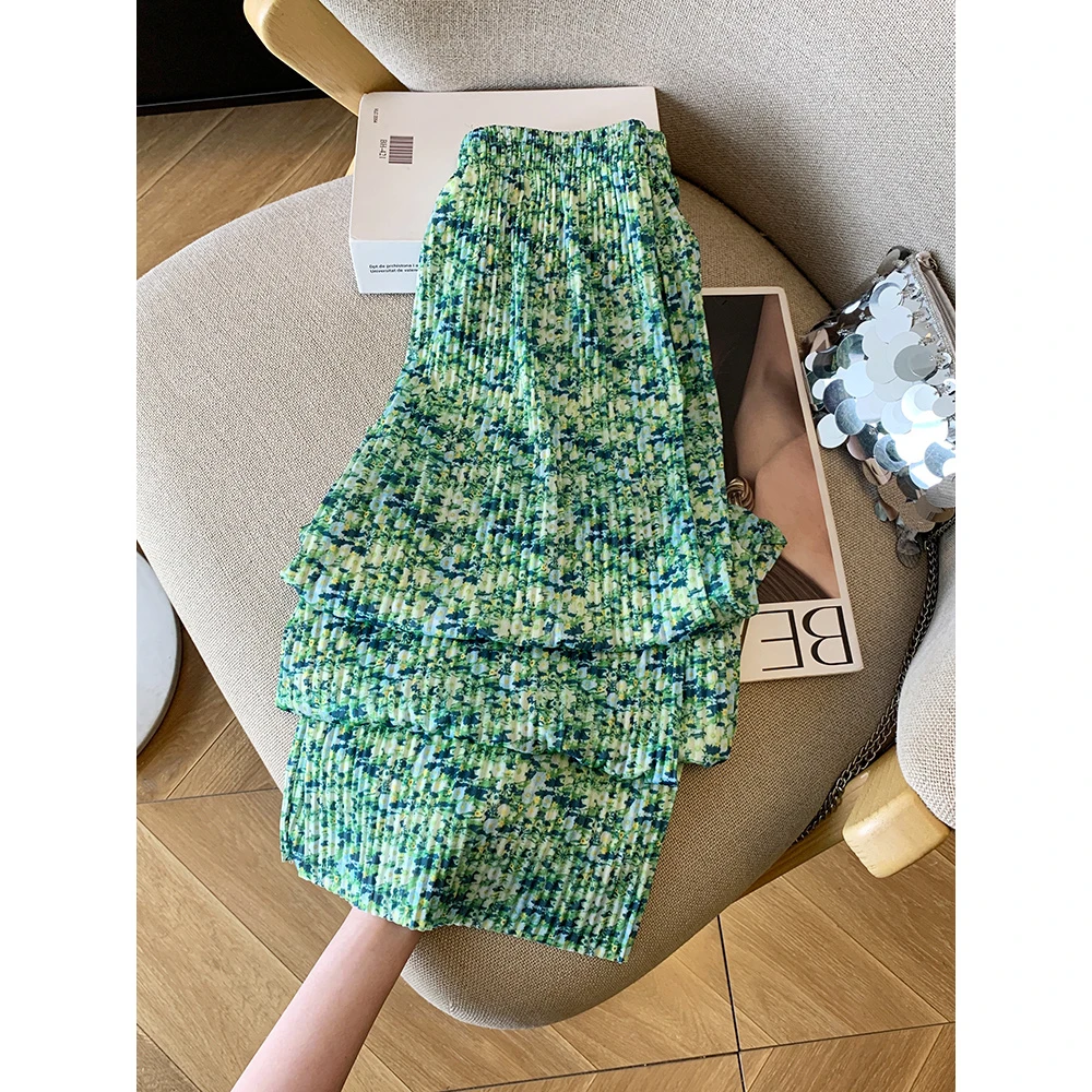 巨好看！巨喜欢这件！复古港风绿色碎花阔腿裤子女夏季洋气褶皱长裤