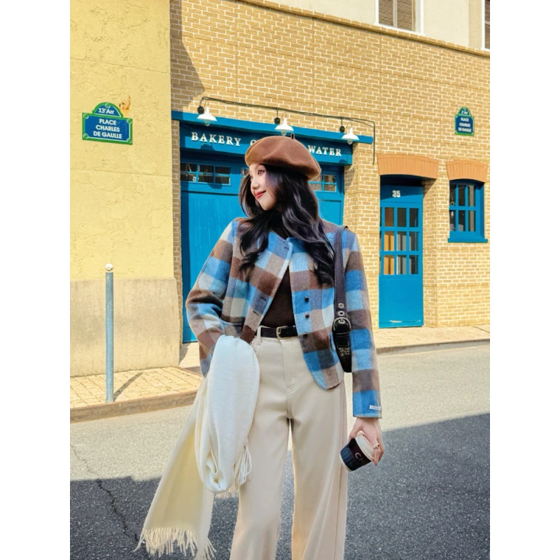 2025年女款流行外套秋冬蓝咖格纹双面呢设计感显瘦百搭纯羊毛上衣