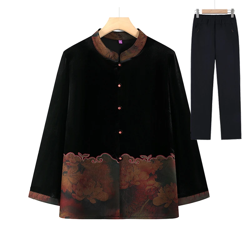 中老年刺绣厚衬衫金丝绒女装厚衬衣长袖时尚宽松中国风