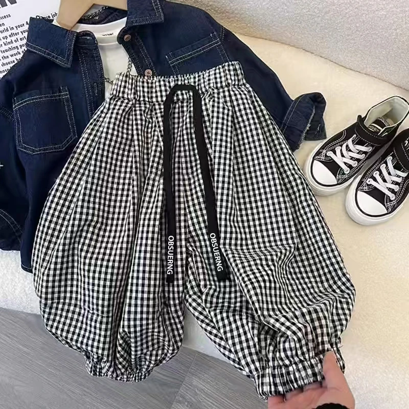 韩版春秋中性运动裤百搭长裤格子裤束脚裤